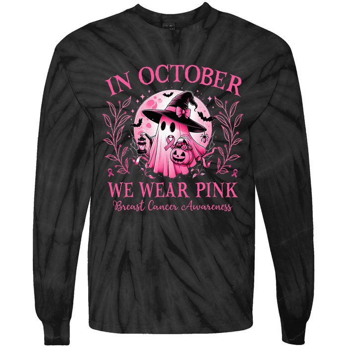 In October We Wear Ghost Witch Breast Cancer Halloween Tie-Dye Long Sleeve Shirt