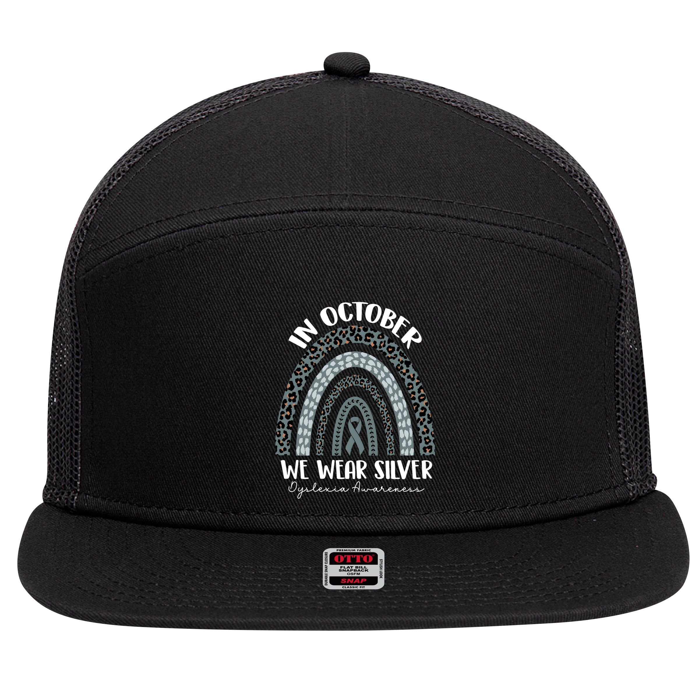 In October We Wear Silver Leopard Rainbow Dyslexia Awareness 7 Panel Mesh Trucker Snapback Hat