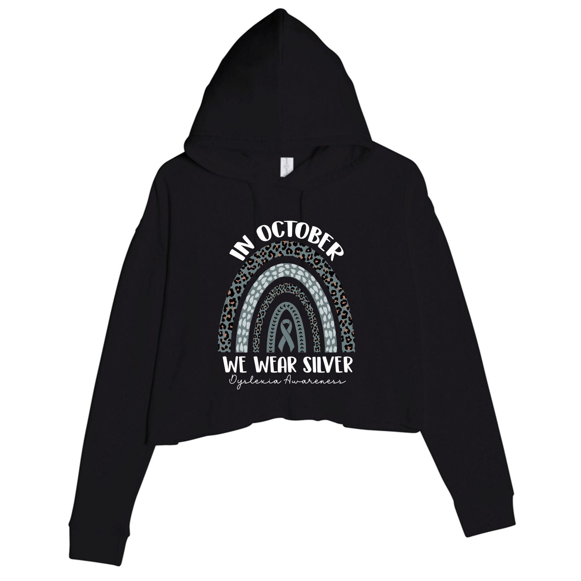 In October We Wear Silver Leopard Rainbow Dyslexia Awareness Crop Fleece Hoodie