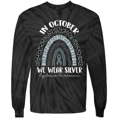 In October We Wear Silver Leopard Rainbow Dyslexia Awareness Tie-Dye Long Sleeve Shirt