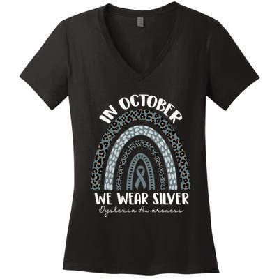 In October We Wear Silver Leopard Rainbow Dyslexia Awareness Women's V-Neck T-Shirt