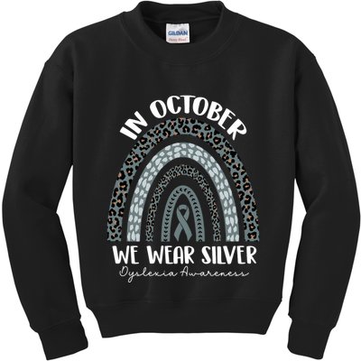 In October We Wear Silver Leopard Rainbow Dyslexia Awareness Kids Sweatshirt