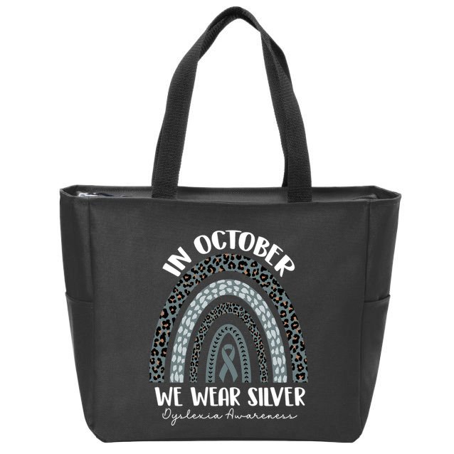 In October We Wear Silver Leopard Rainbow Dyslexia Awareness Zip Tote Bag
