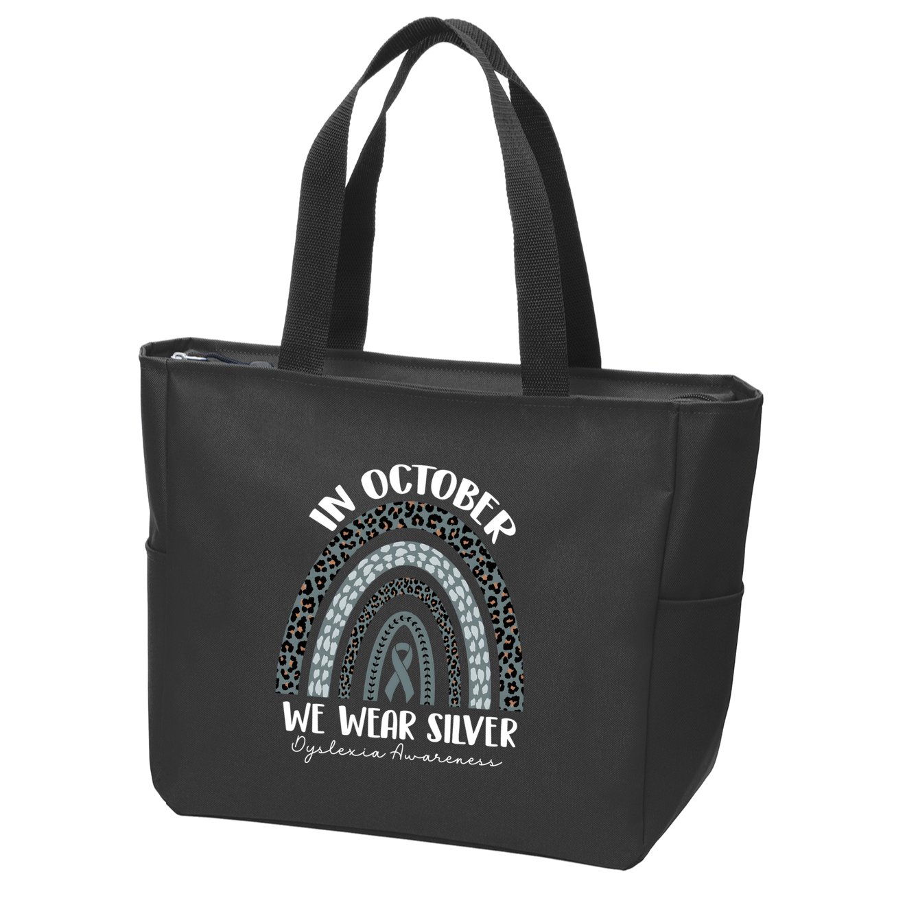 In October We Wear Silver Leopard Rainbow Dyslexia Awareness Zip Tote Bag