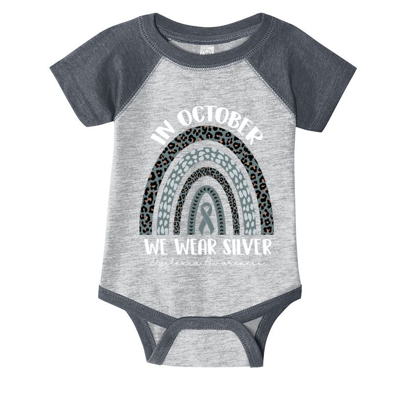 In October We Wear Silver Leopard Rainbow Dyslexia Awareness Infant Baby Jersey Bodysuit