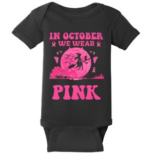 In October We Wear Pink Witch Halloween Breast Cancer Ribbon Baby Bodysuit