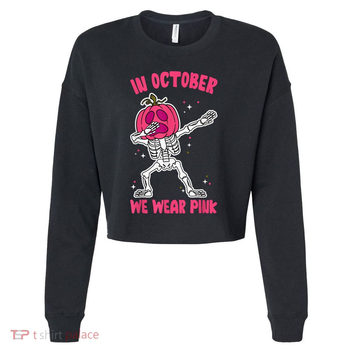 In October We Wear Pink Breast Cancer Pumpkin Halloween Cropped Pullover Crew
