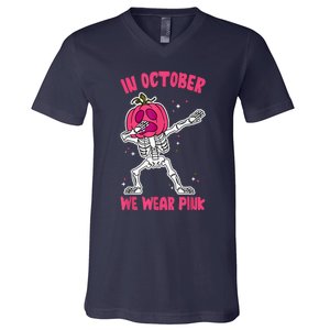 In October We Wear Pink Breast Cancer Pumpkin Halloween V-Neck T-Shirt