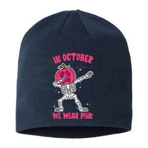 In October We Wear Pink Breast Cancer Pumpkin Halloween Sustainable Beanie