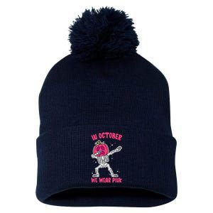 In October We Wear Pink Breast Cancer Pumpkin Halloween Pom Pom 12in Knit Beanie