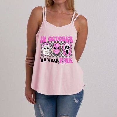 In October We Wear Pink Horror Movie Character Breast Cancer  Women's Strappy Tank