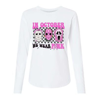 In October We Wear Pink Horror Movie Character Breast Cancer  Womens Cotton Relaxed Long Sleeve T-Shirt