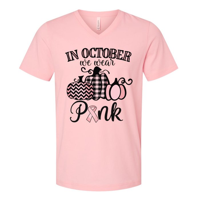 In October We Wear Pink Thanksgiving Breast Cancer Awareness V-Neck T-Shirt