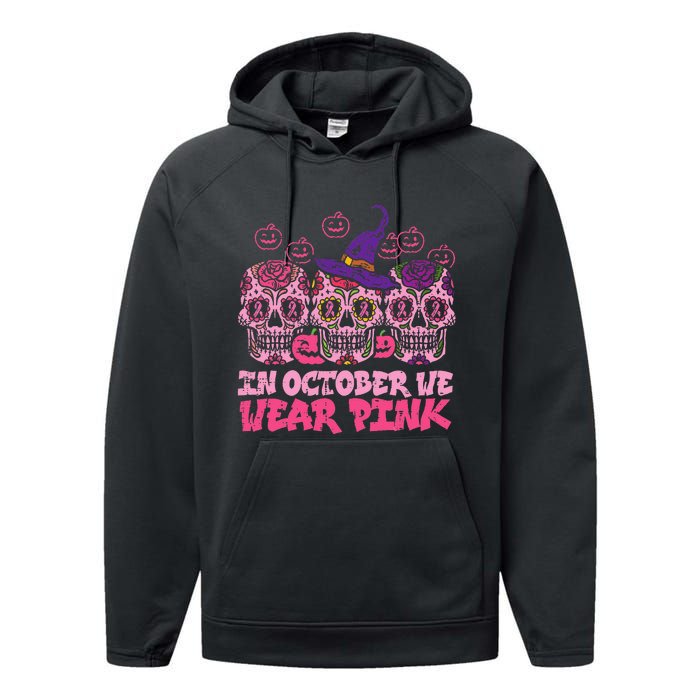 In October We Wear Pink Sugar Skull Halloween Breast Cancer Performance Fleece Hoodie