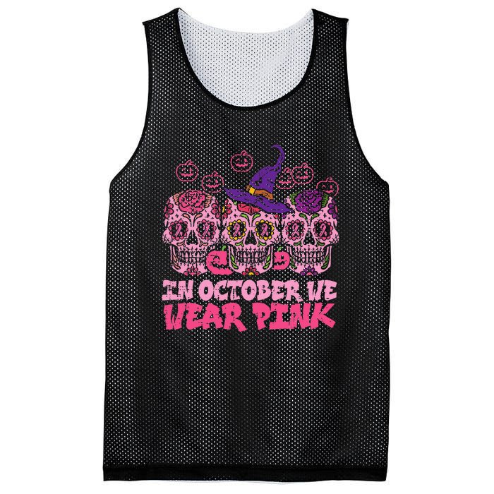 In October We Wear Pink Sugar Skull Halloween Breast Cancer Mesh Reversible Basketball Jersey Tank