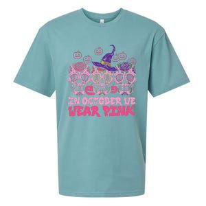 In October We Wear Pink Sugar Skull Halloween Breast Cancer Sueded Cloud Jersey T-Shirt