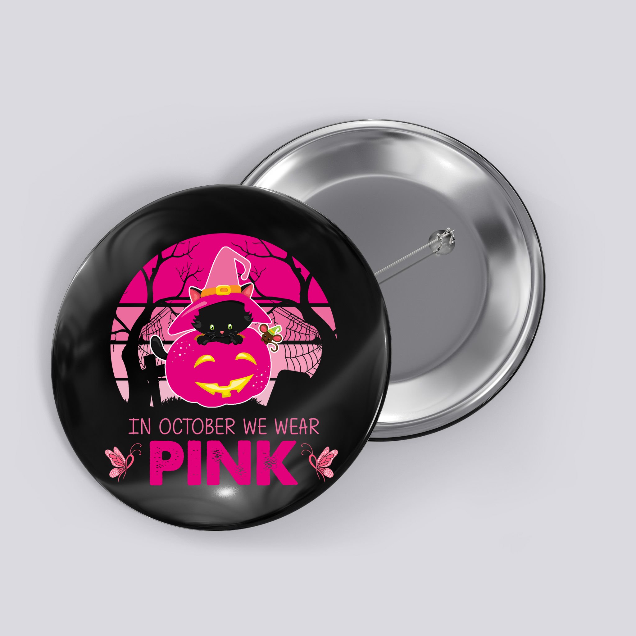 In October We Wear Pink Jack O Lantern Witch Cat Button