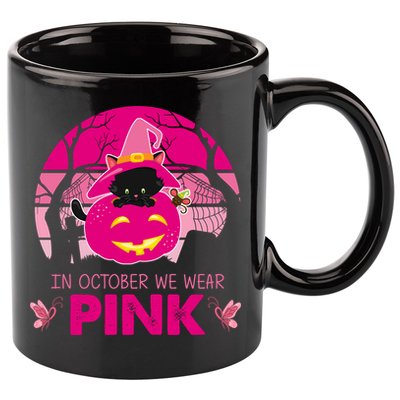 In October We Wear Pink Jack O Lantern Witch Cat 11oz C Handle Ceramic Mug