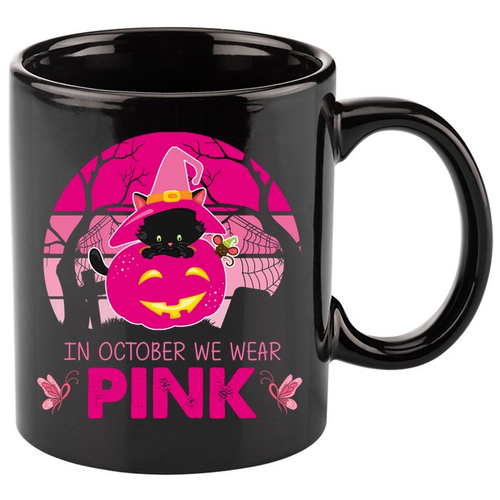 In October We Wear Pink Jack O Lantern Witch Cat 11oz C Handle Ceramic Mug