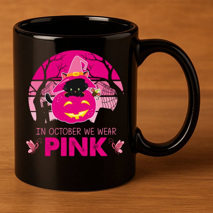 In October We Wear Pink Jack O Lantern Witch Cat 11oz C Handle Ceramic Mug