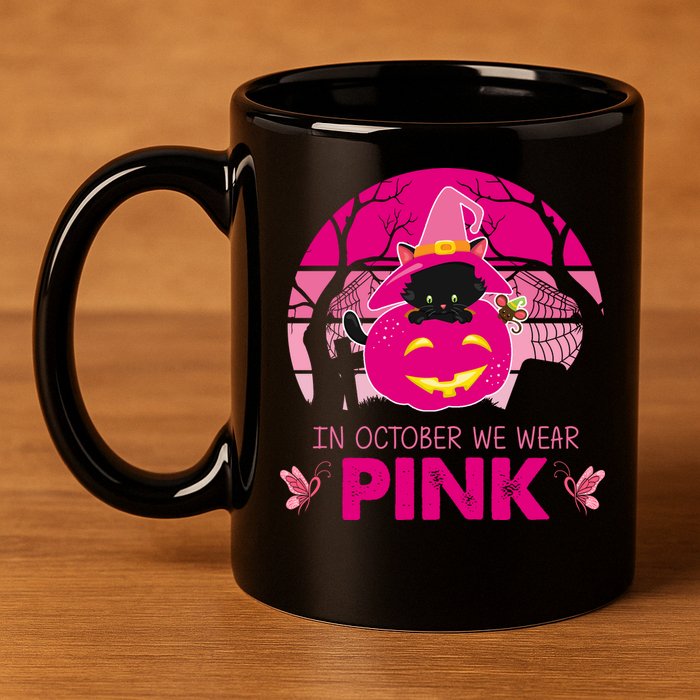 In October We Wear Pink Jack O Lantern Witch Cat 11oz C Handle Ceramic Mug