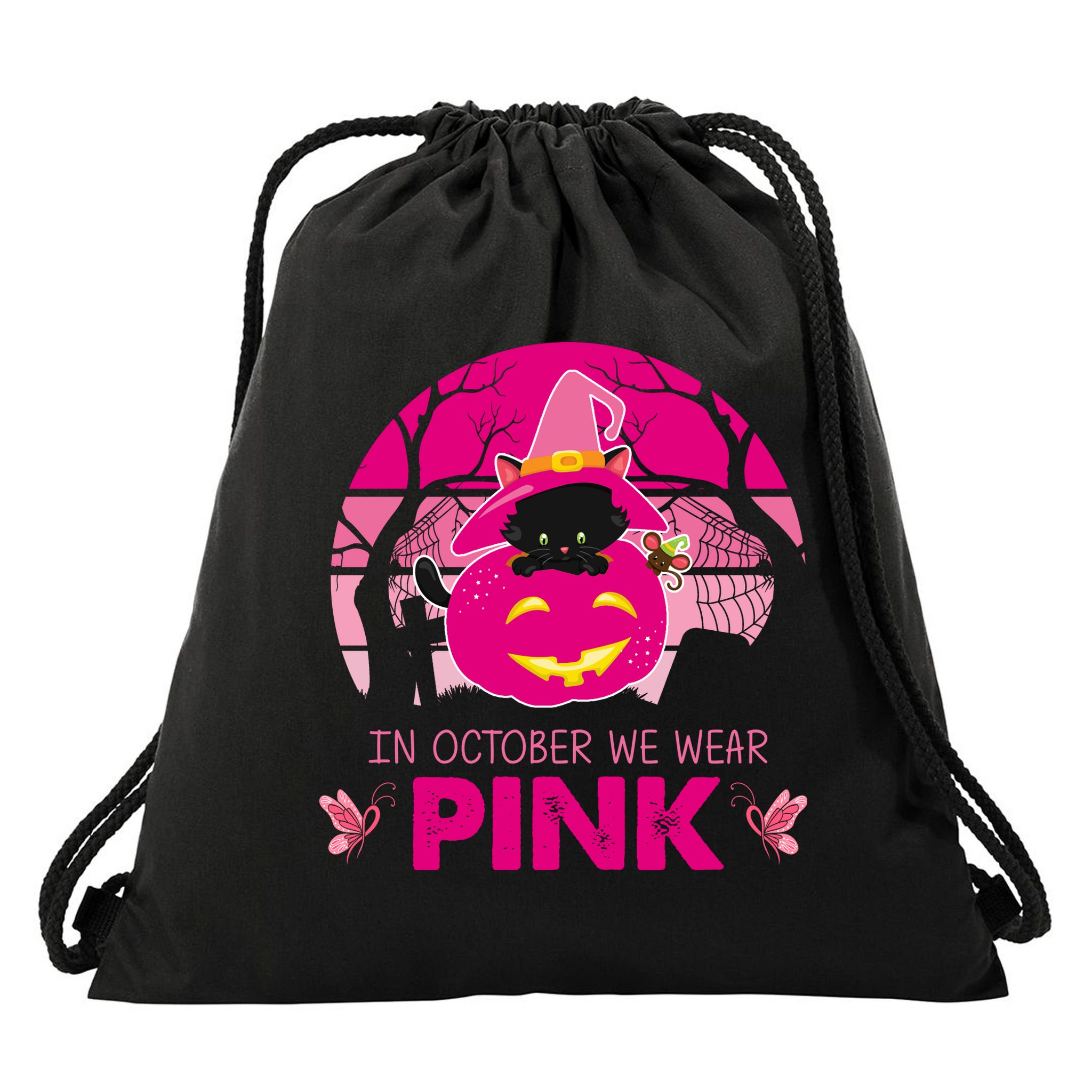 In October We Wear Pink Jack O Lantern Witch Cat Drawstring Bag