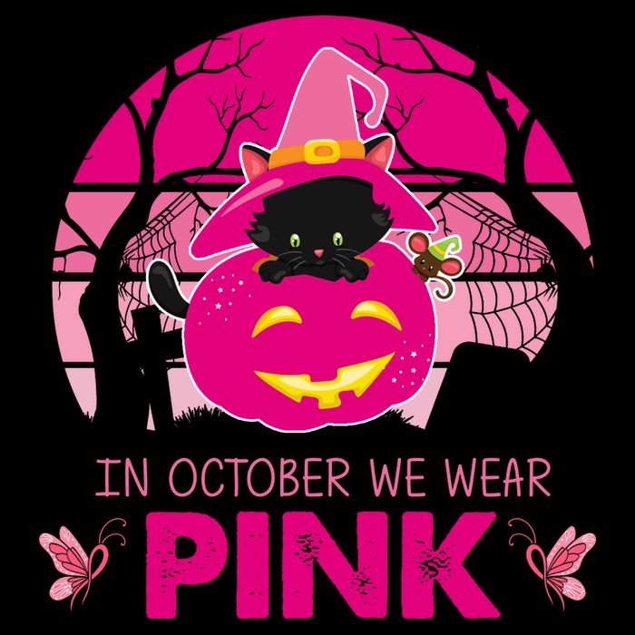 In October We Wear Pink Jack O Lantern Witch Cat Drawstring Bag