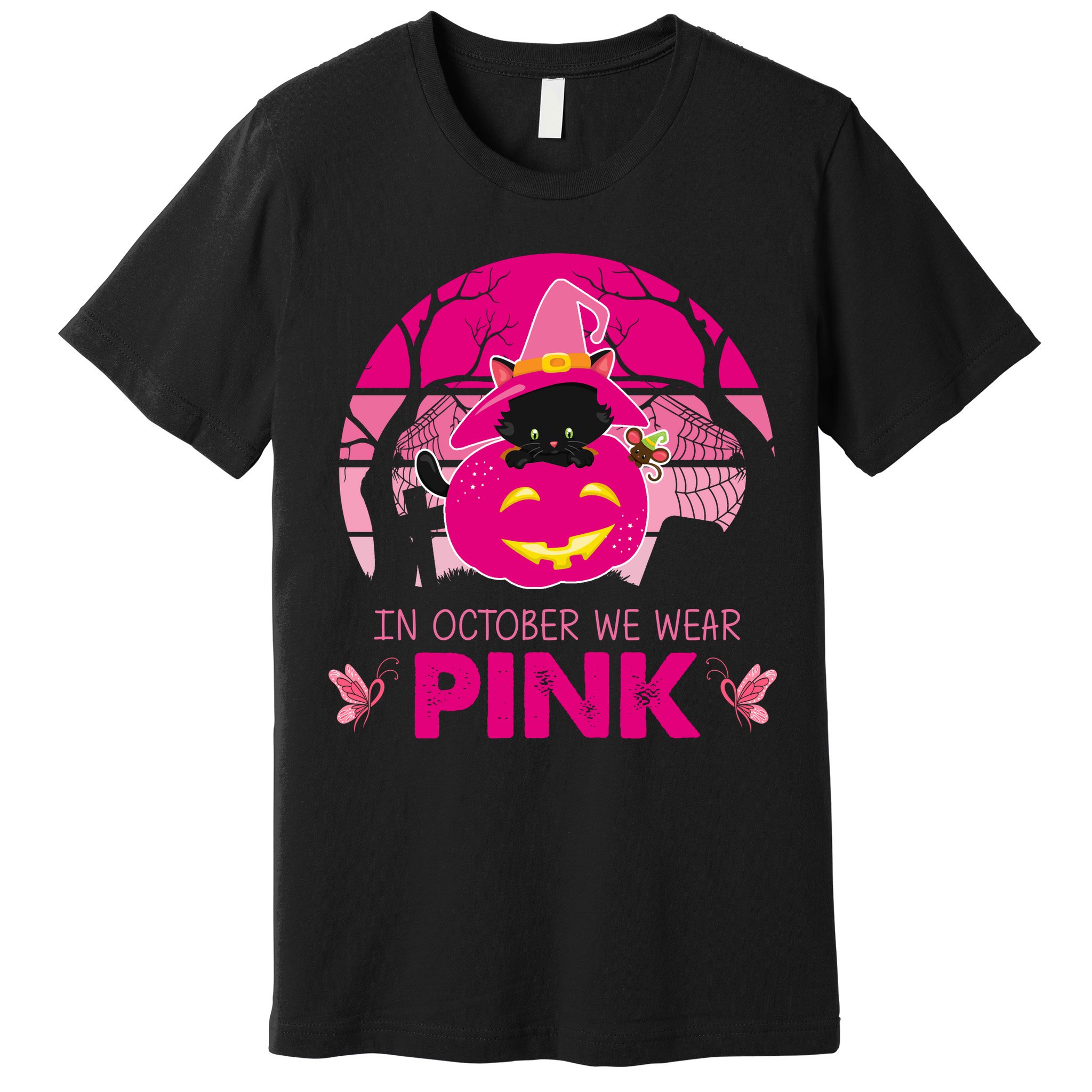 In October We Wear Pink Jack O Lantern Witch Cat Premium T-Shirt