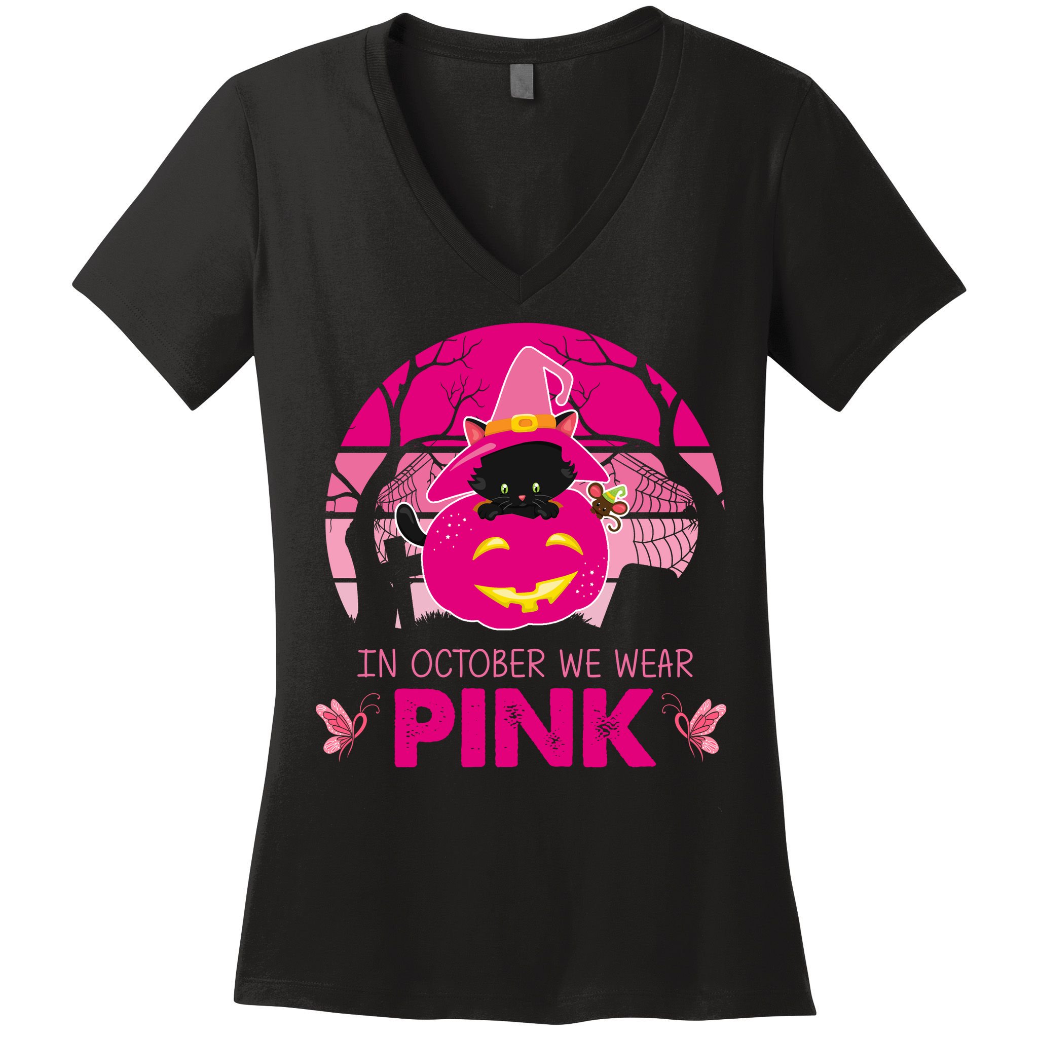 In October We Wear Pink Jack O Lantern Witch Cat Women's V-Neck T-Shirt