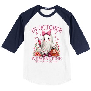 In October We Wear Ghost Breast Cancer Awareness Funny Gift Baseball Sleeve Shirt