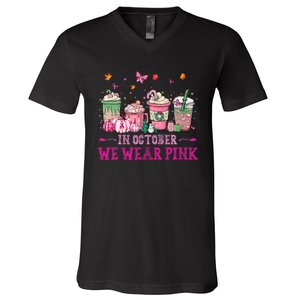 In October We Wear Pink Gnomes Breast Cancer Halloween V-Neck T-Shirt