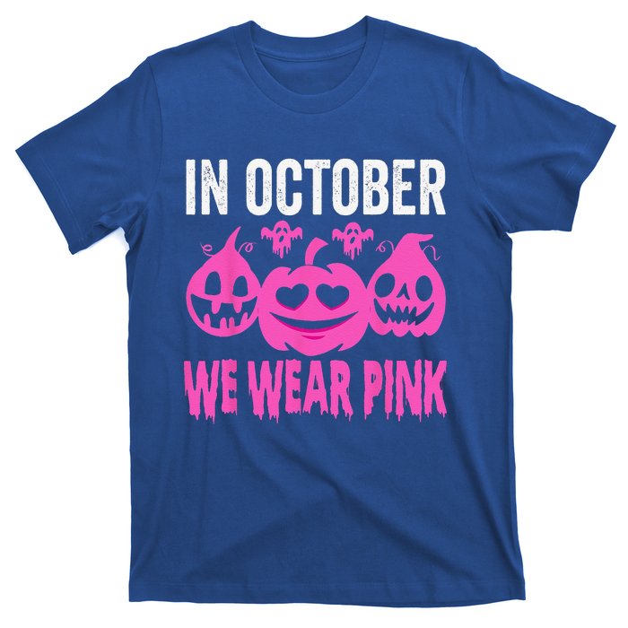 In October We Wear Pink Breast Cancer Pumpkin Halloween T-Shirt