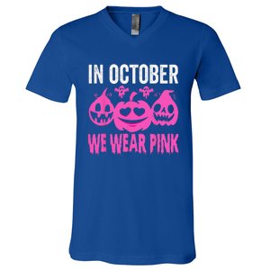 In October We Wear Pink Breast Cancer Pumpkin Halloween V-Neck T-Shirt