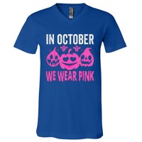 In October We Wear Pink Breast Cancer Pumpkin Halloween V-Neck T-Shirt