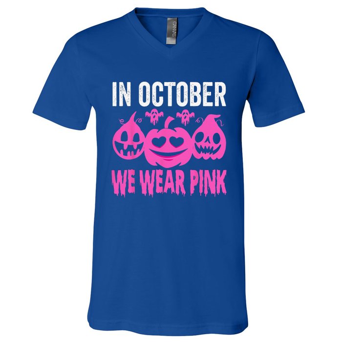 In October We Wear Pink Breast Cancer Pumpkin Halloween V-Neck T-Shirt