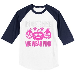 In October We Wear Pink Breast Cancer Pumpkin Halloween Baseball Sleeve Shirt