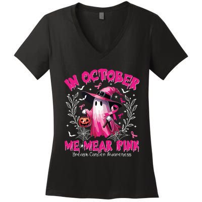 In October We Wear Ghost Witch Breast Cancer Awareness Women's V-Neck T-Shirt