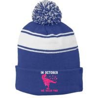 In October We Wear Pink Breast Cancer Trex Dino Stripe Pom Pom Beanie