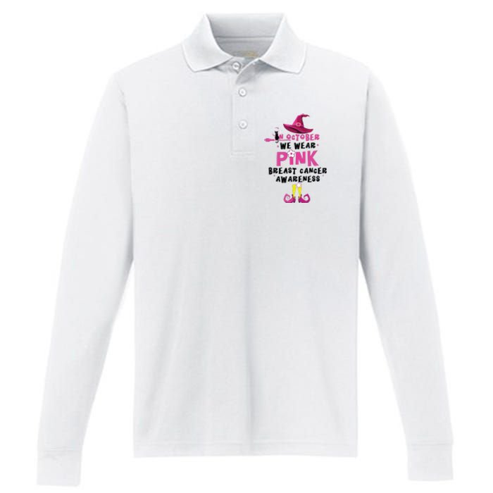 In October We Wear Pink Witch With Hat Breast Cancer Performance Long Sleeve Polo