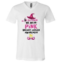 In October We Wear Pink Witch With Hat Breast Cancer V-Neck T-Shirt