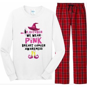 In October We Wear Pink Witch With Hat Breast Cancer Long Sleeve Pajama Set