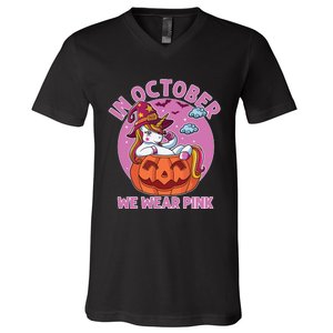 In October We Wear Pink Unicorn Breast Cancer Awareness V-Neck T-Shirt