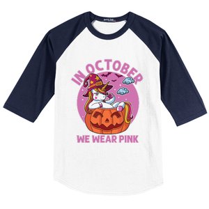 In October We Wear Pink Unicorn Breast Cancer Awareness Baseball Sleeve Shirt