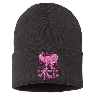 In October We Wear Pink Cute Dino Breast Cancer Kids Boy Sustainable Knit Beanie