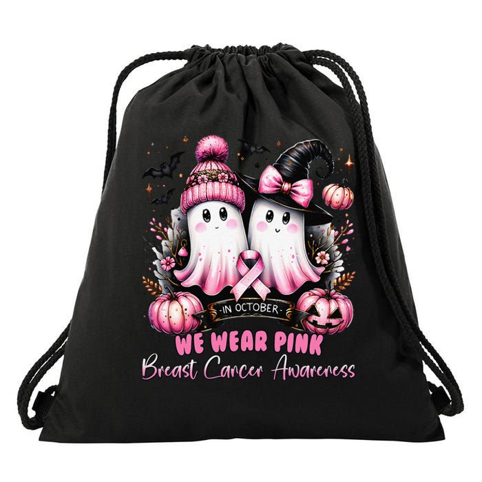 In October We Wear P.Ink Ghost Witch Breast Cancer Awareness Gift Drawstring Bag