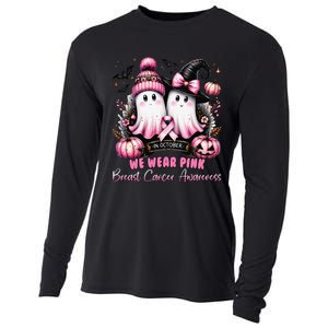 In October We Wear P.Ink Ghost Witch Breast Cancer Awareness Gift Cooling Performance Long Sleeve Crew