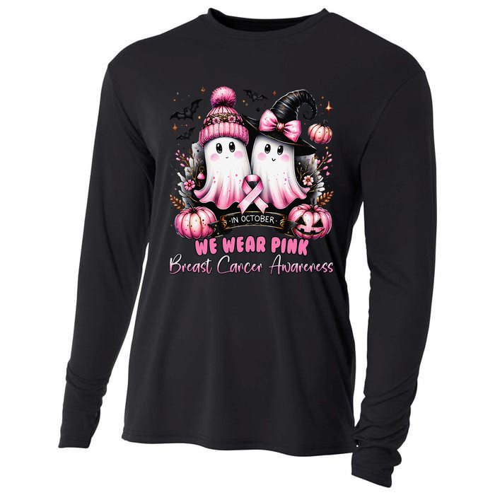 In October We Wear P.Ink Ghost Witch Breast Cancer Awareness Gift Cooling Performance Long Sleeve Crew