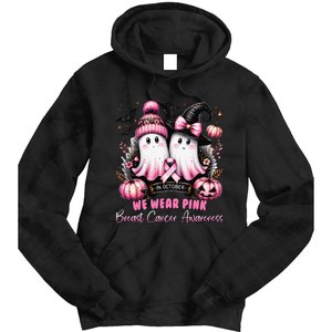 In October We Wear P.Ink Ghost Witch Breast Cancer Awareness Gift Tie Dye Hoodie