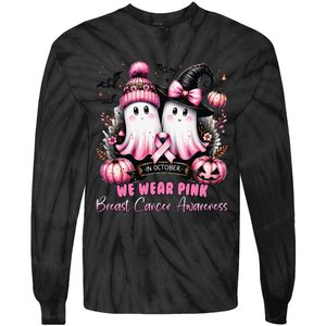 In October We Wear P.Ink Ghost Witch Breast Cancer Awareness Gift Tie-Dye Long Sleeve Shirt