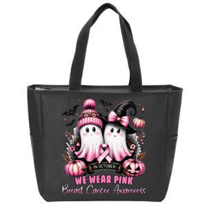 In October We Wear P.Ink Ghost Witch Breast Cancer Awareness Gift Zip Tote Bag